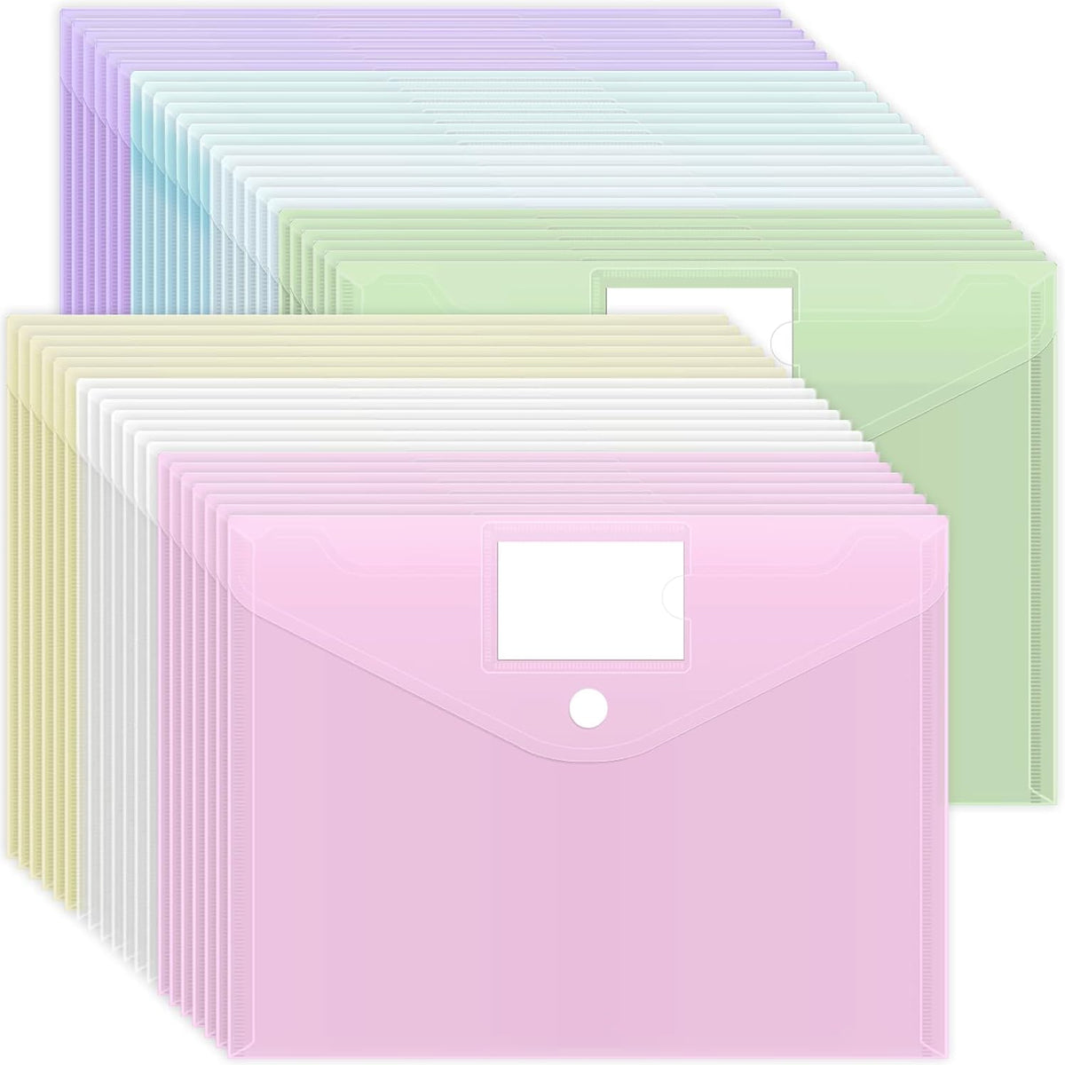 45pcs Plastic Envelopes, Plastic File Folders for Documents, A4 Size Hook & Loop Closure Poly Folders with Label Pocket for School and Office Supplies
