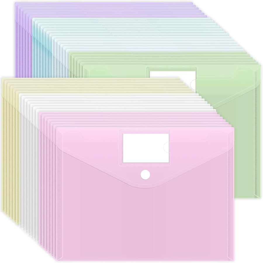 45pcs Plastic Envelopes, Plastic File Folders for Documents, A4 Size Hook & Loop Closure Poly Folders with Label Pocket for School and Office Supplies