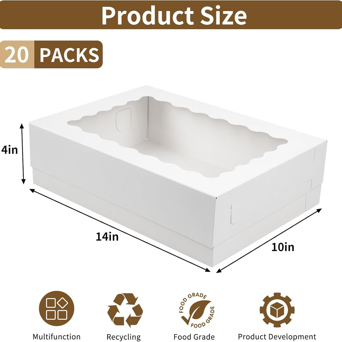 Moretoes 20pcs 14x10x4in Sheet Cake Boxes, White Rectangle Quarter Bakery Boxes with Window, for Cake Pastry Baking Donuts Cupcake Pie Packaging
