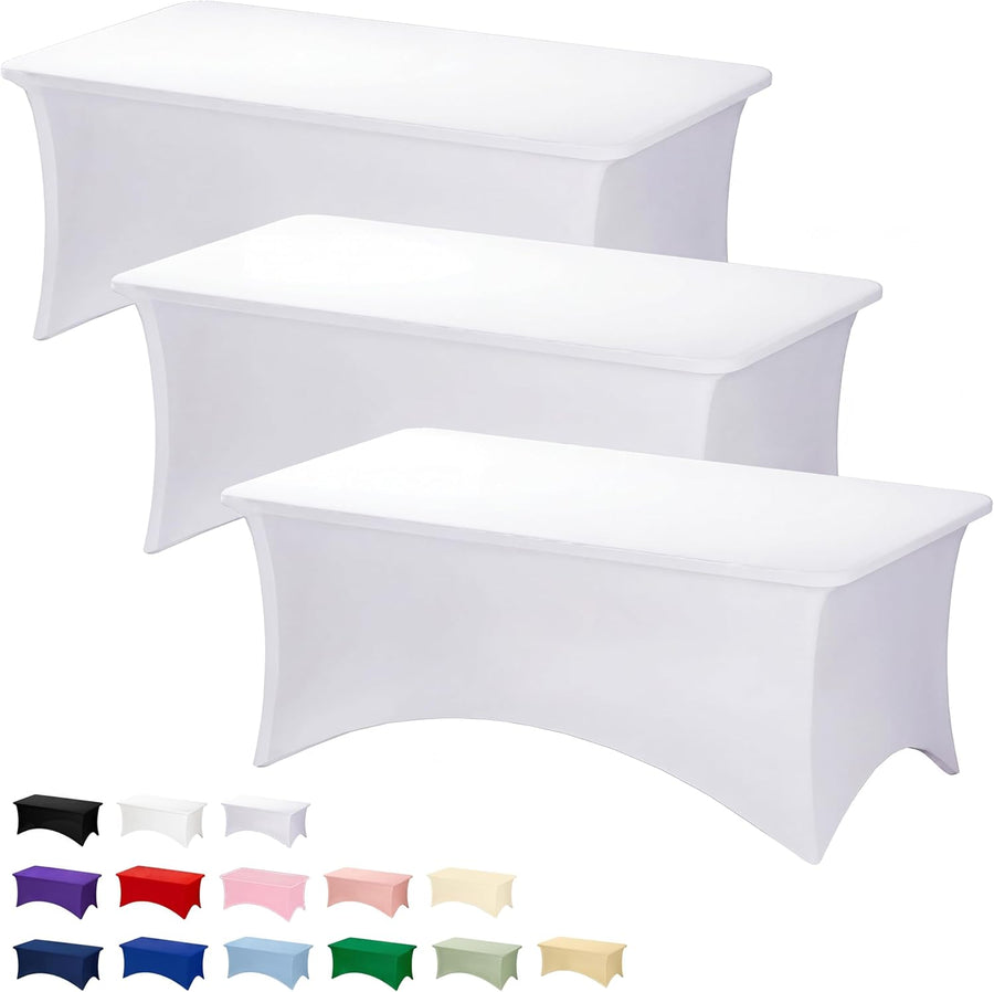 3 Pack White Table Cloths Rectangle 6FT, Tablecloths Rectangular Stretch Spandex Fitted Table Covers 6FT for Party, Trade Show, Banquet, Wedding, Buffet, Graduation Decoration