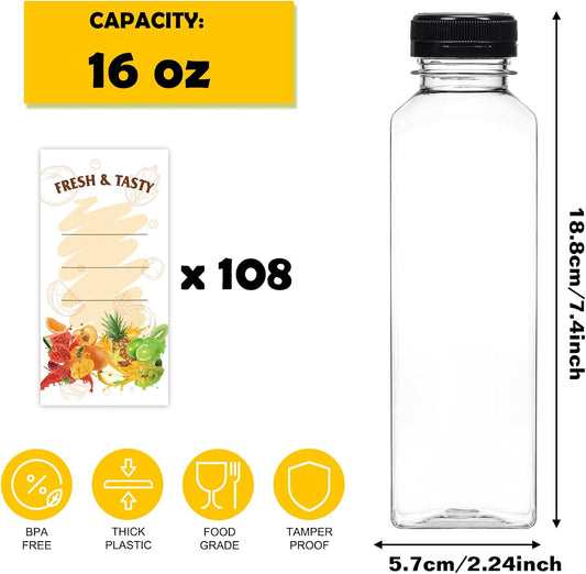 108pcs 16oz Empty Plastic Juice Bottles with Caps, Plastic Water Bottles with lids, Reusable Clear Bulk Beverage Containers for Juice, Milk and Other Beverages