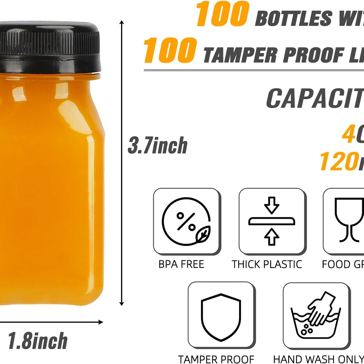 100pcs 4oz Juice Bottles, Reusable Small Shot Bottles with Lids, Labels, Funnel and Brush Beverage Containers for Juicing, Ginger Shots, Milk and Beverages