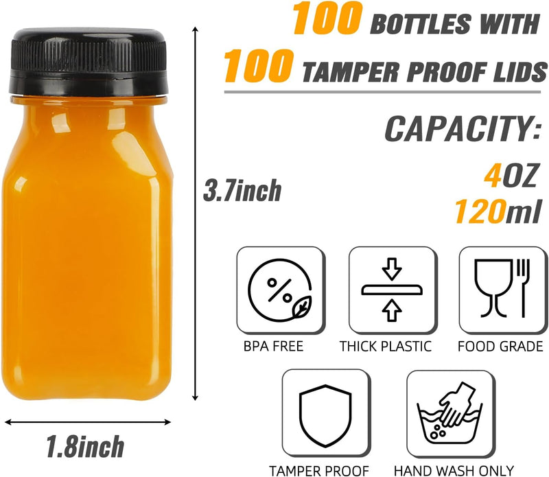 100pcs 4oz Juice Bottles, Reusable Small Shot Bottles with Lids, Labels, Funnel and Brush Beverage Containers for Juicing, Ginger Shots, Milk and Beverages