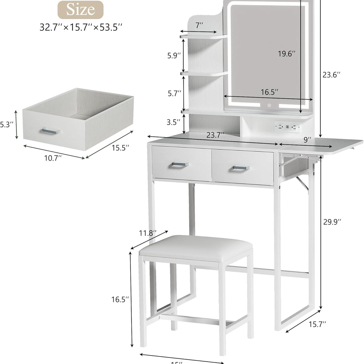 Small Vanity Desk with Mirror and Lights, Makeup Vanity with Fabric Storage Drawer & Chair & Shelves, White Vanity with Fold-up Panel and Power Outlet, Bedroom