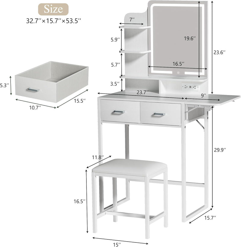 Small Vanity Desk with Mirror and Lights, Makeup Vanity with Fabric Storage Drawer & Chair & Shelves, White Vanity with Fold-up Panel and Power Outlet, Bedroom