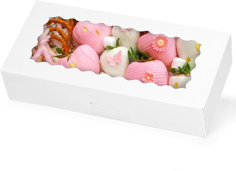 30pcs Auto-Popup Cookie Boxes, 12x5.5x2.5 Inch White Bakery Box with Window for Treats, Chocolate Covered Strawberry, Donuts, Pastries, Cake Pop