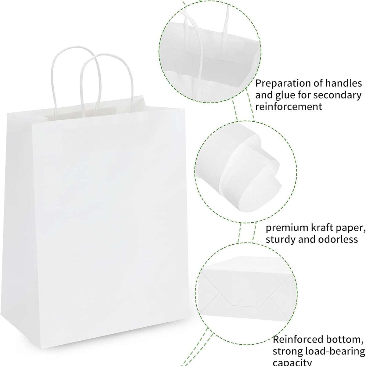 Moretoes Paper Bags with Handles 100pcs 10x5x13 Inches, White Kraft Gift Bags Bulk for Shopping, Retail, Small Business, Birthday Wedding Party Favor, Merchandise