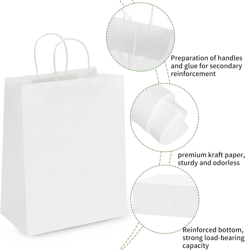 Moretoes Paper Bags with Handles 100pcs 10x5x13 Inches, White Kraft Gift Bags Bulk for Shopping, Retail, Small Business, Birthday Wedding Party Favor, Merchandise