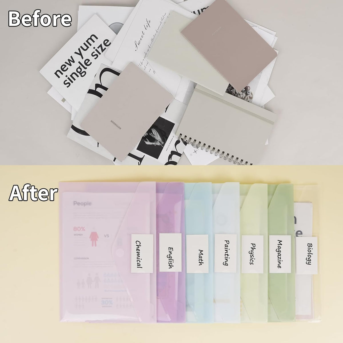 45pcs Plastic Envelopes, Plastic File Folders for Documents, A4 Size Hook & Loop Closure Poly Folders with Label Pocket for School and Office Supplies