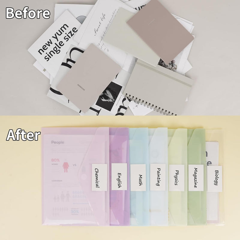 45pcs Plastic Envelopes, Plastic File Folders for Documents, A4 Size Hook & Loop Closure Poly Folders with Label Pocket for School and Office Supplies