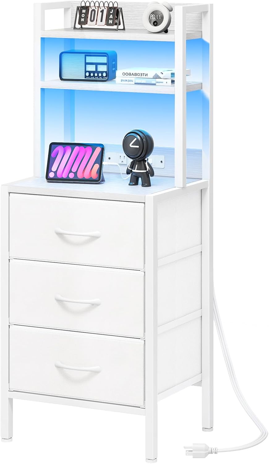 Tall LED Nightstand with Charging Station & Bookshelf – White