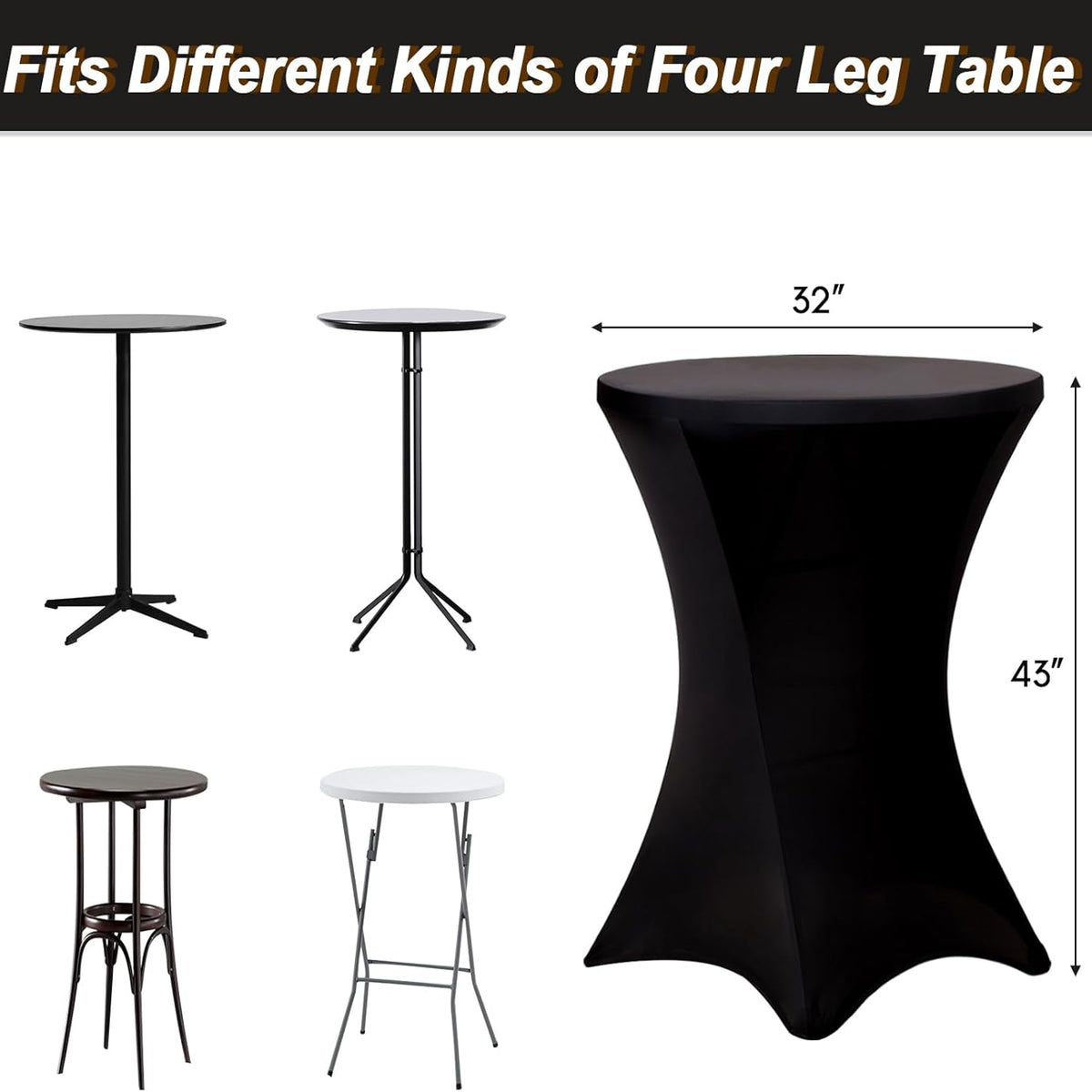 Fixwal Cocktail Tablecloth, Bar Top Table Covers 2 Pack 32x43 Black High Table Cloths Round Table Cover, Spandex Stretch Table Cloth for Pub, Party, Wedding