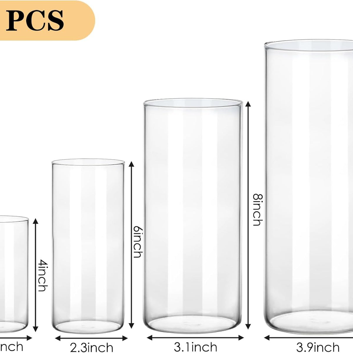 Fixwal 4pcs Clear Glass Cylinder Vases, 4, 6, 8, 10 Inch Tall Cylinder Vases for Centerpieces, Glass Flower Vase Floating Candle Holder Vase for Table Shelf, Party, Wedding, Home Decor