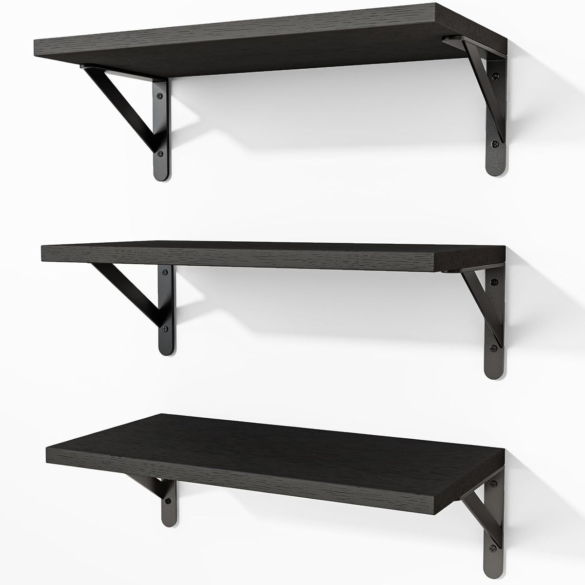 Fixwal Black Shelves for Wall, Wood Wall Mounted Floating Shelves for Bedroom, Bathroom, Living Room, Kitchen Storage and Decor(Black, Set of 3, 16.5 Inch)