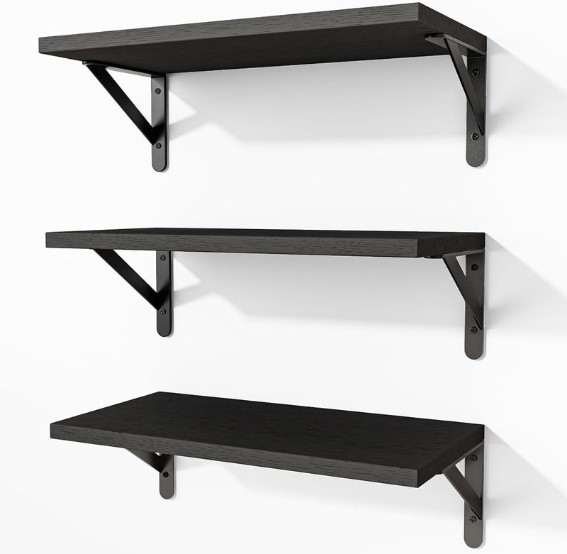 Fixwal Black Shelves for Wall, Wood Wall Mounted Floating Shelves for Bedroom, Bathroom, Living Room, Kitchen Storage and Decor(Black, Set of 3, 16.5 Inch)