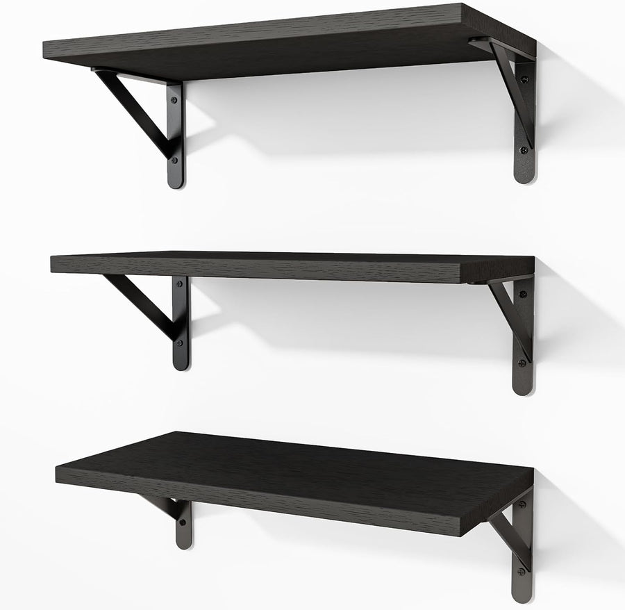 Black Shelves for Wall, Wood Wall Mounted Floating Shelves for Bedroom, Bathroom, Living Room, Kitchen Storage and Decor(Black, Set of 3, 16.5 Inch)