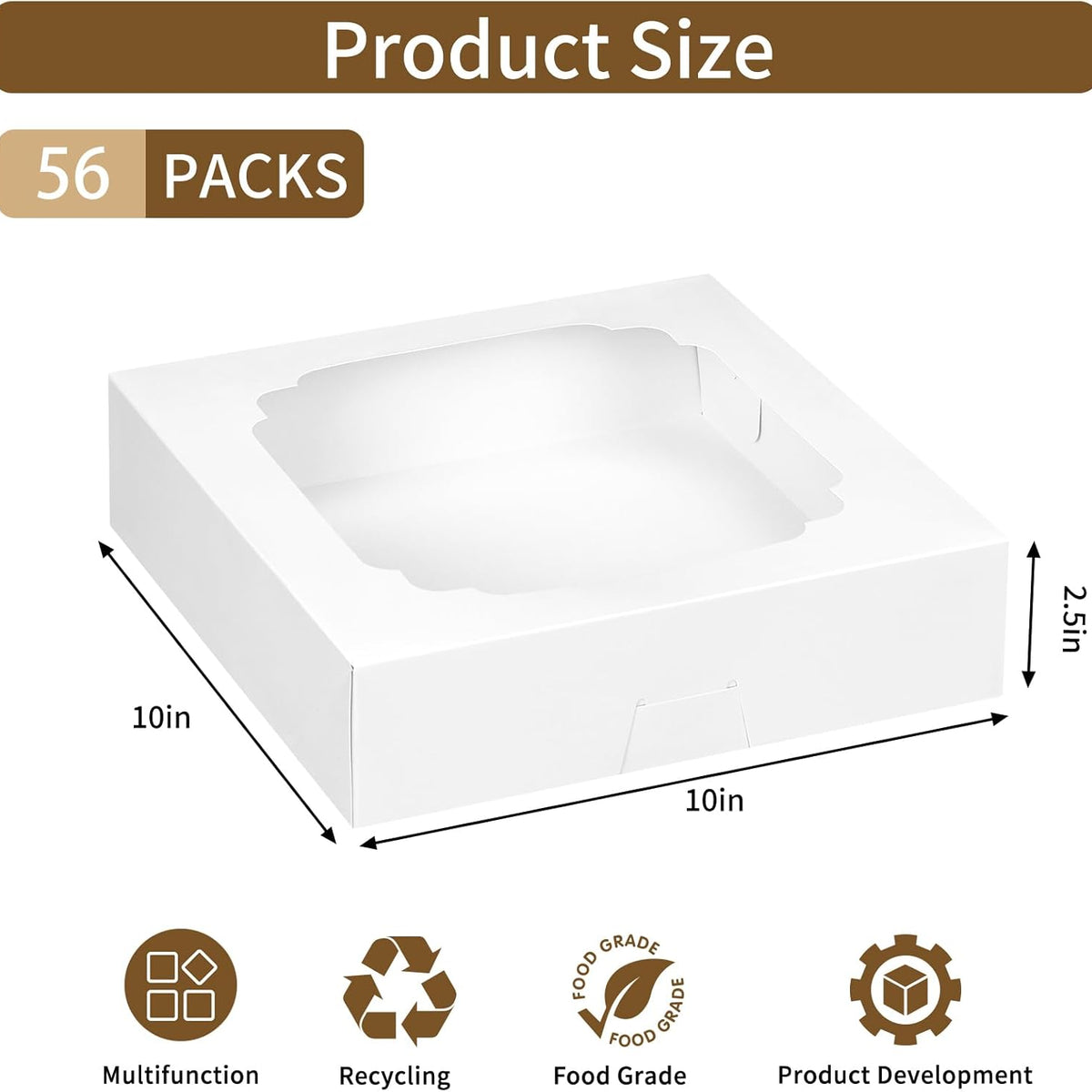 Moretoes 56pcs Pie Boxes 10x10x2.5 Inches Bakery Boxes with Window for Cookies, Pastries, Pies, Pastries, Muffins, Donuts