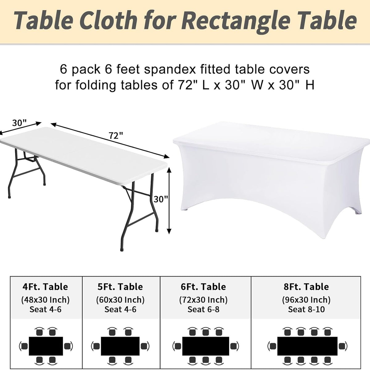 Fixwal 6 Pack Table Cloth Rectangle Table, 6FT Table Cover, White Table Cloth Rectangle Fitted Rectangular Stretch Tablecloth, Washable Patio Table Cover (White, 72L x 30W x 30H Inch)