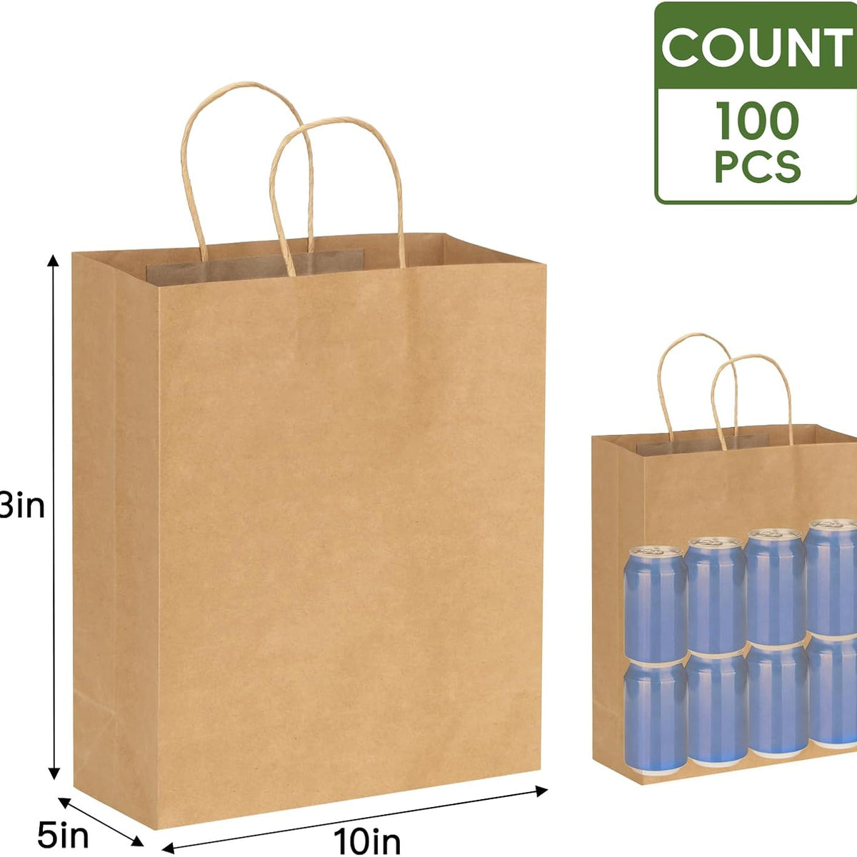 Moretoes 100pcs Paper Gift Bags 10x5x13 Inches Brown Kraft Paper Bags with Handles Bulk for Shopping, Retail, Small Business, Birthday Wedding Party Favor, Merchandise