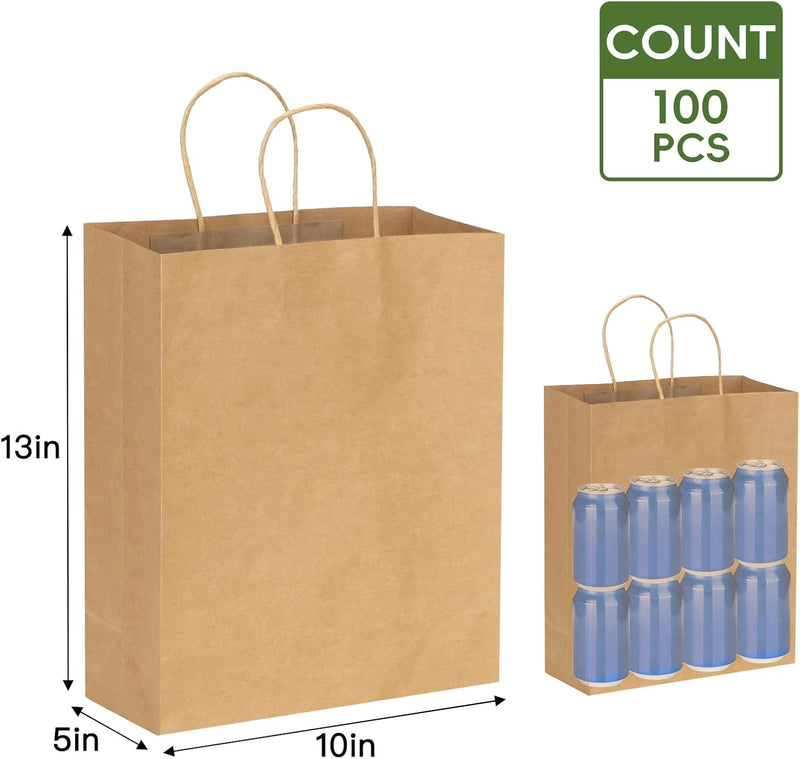 Moretoes 100pcs Paper Gift Bags 10x5x13 Inches Brown Kraft Paper Bags with Handles Bulk for Shopping, Retail, Small Business, Birthday Wedding Party Favor, Merchandise