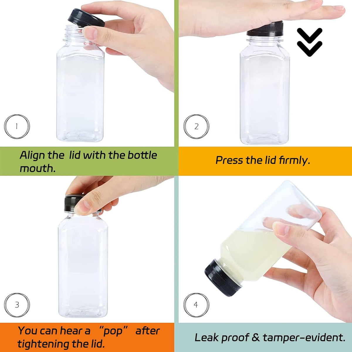 36pcs 8oz Juice Bottles with Lids, Food Grade Reusable Clear Containers with Black Tamper Evident Caps for Juice, Milk and Other Beverages