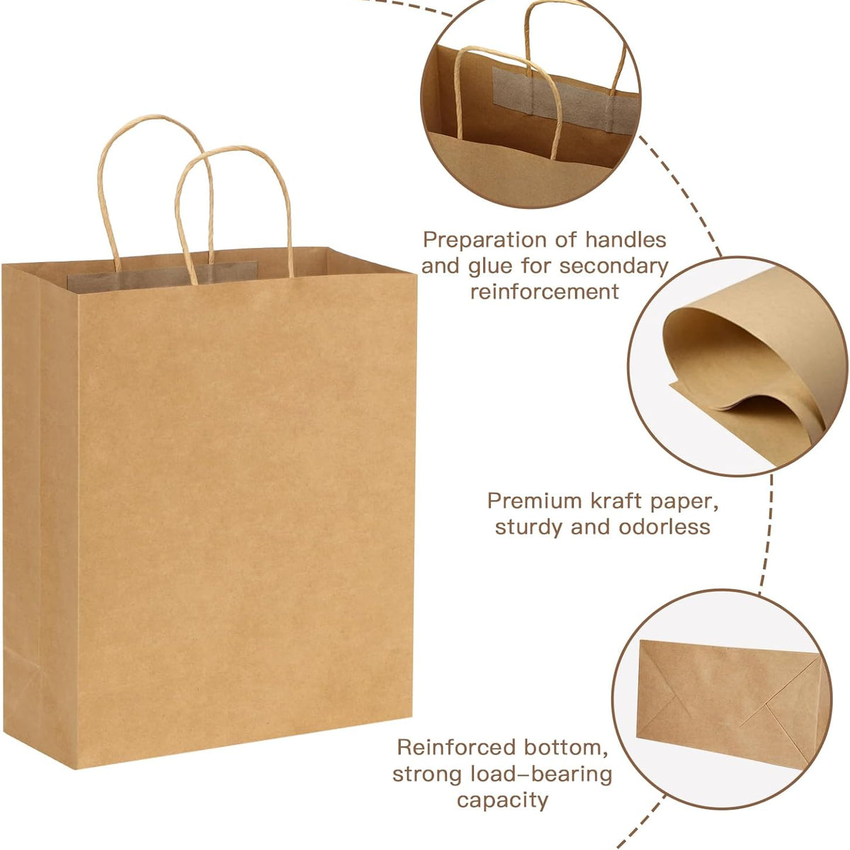 Moretoes 100pcs Paper Gift Bags 10x5x13 Inches Brown Kraft Paper Bags with Handles Bulk for Shopping, Retail, Small Business, Birthday Wedding Party Favor, Merchandise