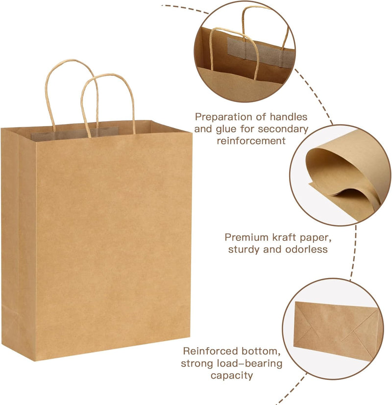 Moretoes 100pcs Paper Gift Bags 10x5x13 Inches Brown Kraft Paper Bags with Handles Bulk for Shopping, Retail, Small Business, Birthday Wedding Party Favor, Merchandise