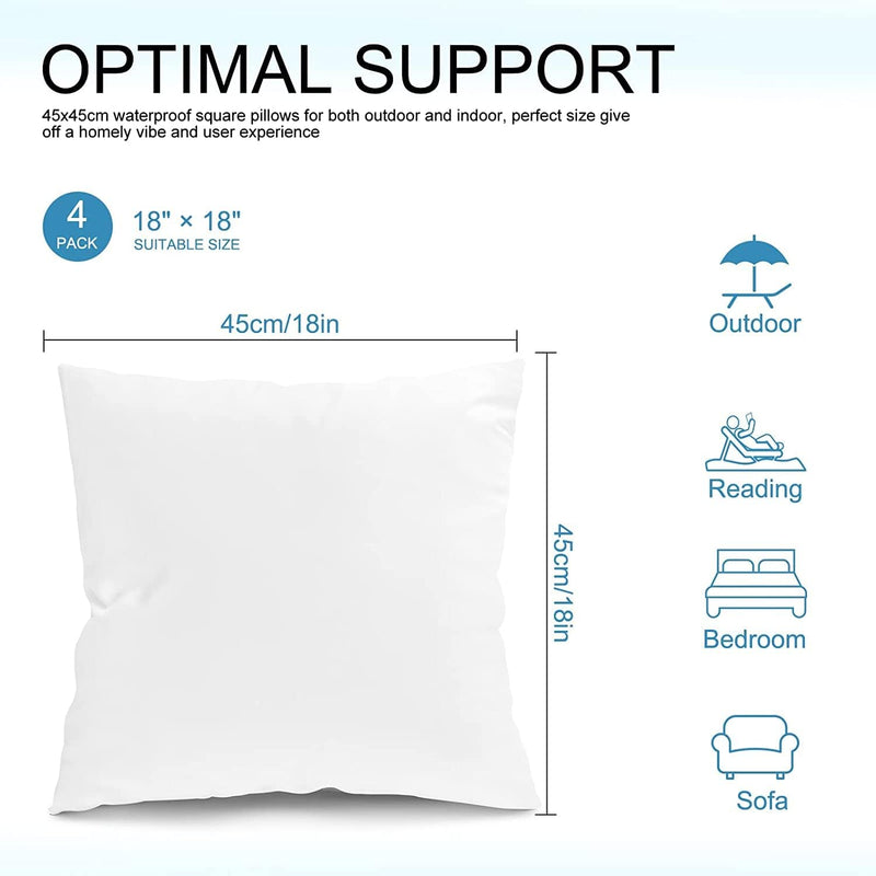 Fixwal Pack of 4 18x18 Outdoor Waterproof Pillows Inserts, Square Stuffer Pillow Form for Patio, White