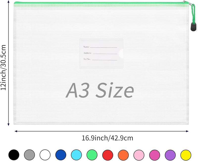 24pcs Mesh Zipper Pouch Bags A3 Extra Large Document Bag with Label Pocket, 16.9x12 Inches, Plastic Zip File Folders, Puzzles, Board Game Storage for Organizing Office Home