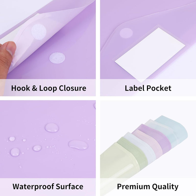 45pcs Plastic Envelopes, Plastic File Folders for Documents, A4 Size Hook & Loop Closure Poly Folders with Label Pocket for School and Office Supplies