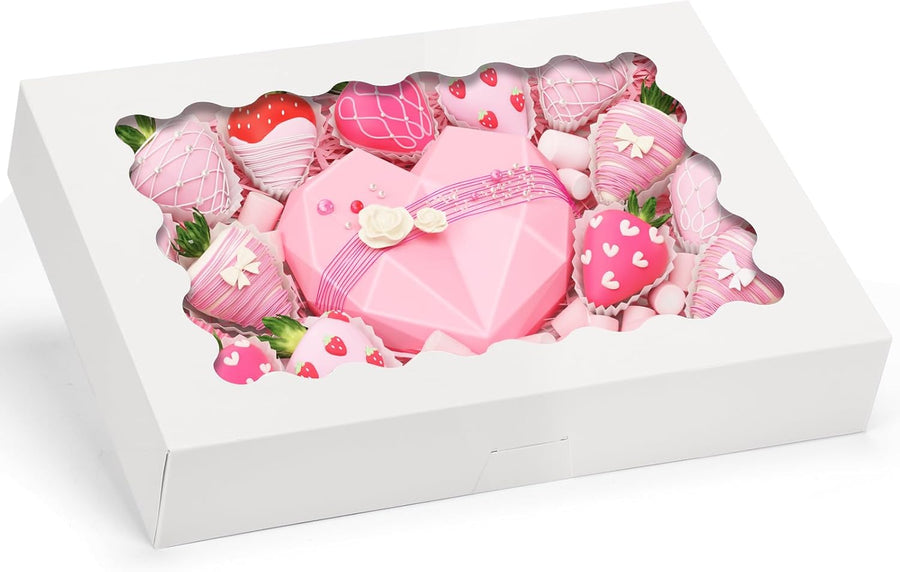 24pcs Bakery Boxes, 14x10x2.5 Inch Treat Boxes with Window for Chocolate Covered Strawberries, Donuts, Pies, Muffins and Pastries (White)