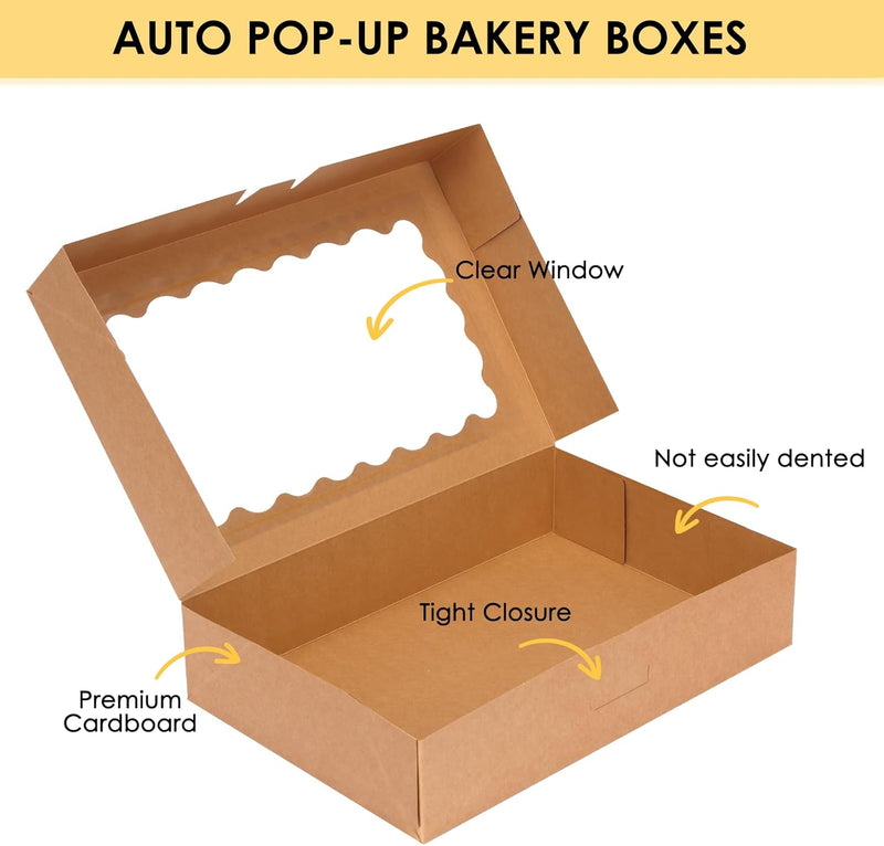 Moretoes 24pcs Bakery Boxes with Window, 12x8x2.5 Inches Auto-Popup Cookie Boxes for Muffins and Pastries (Brown)