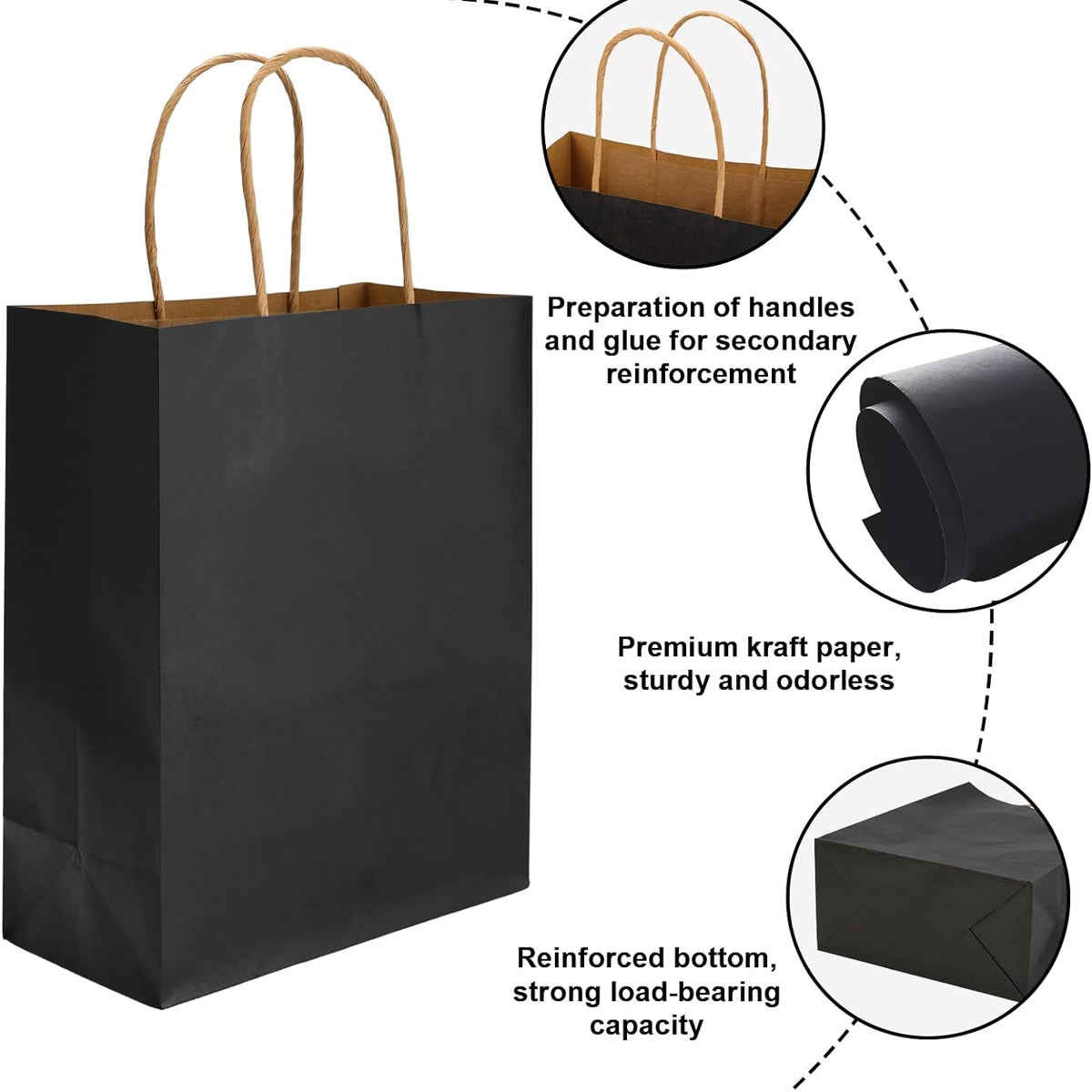 100pcs Paper Gift Bags 10x5x13 Inches Black Kraft Paper Bags with Handles Bulk for Shopping, Retail, Small Business, Birthday Wedding Party Favor, Merchandise