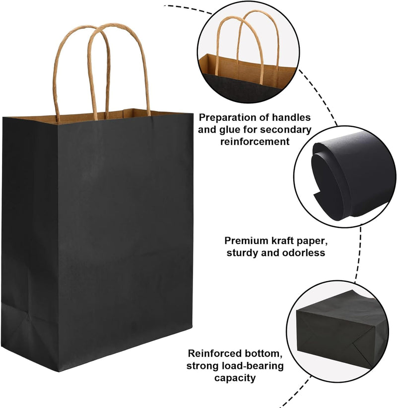 100pcs Paper Gift Bags 10x5x13 Inches Black Kraft Paper Bags with Handles Bulk for Shopping, Retail, Small Business, Birthday Wedding Party Favor, Merchandise