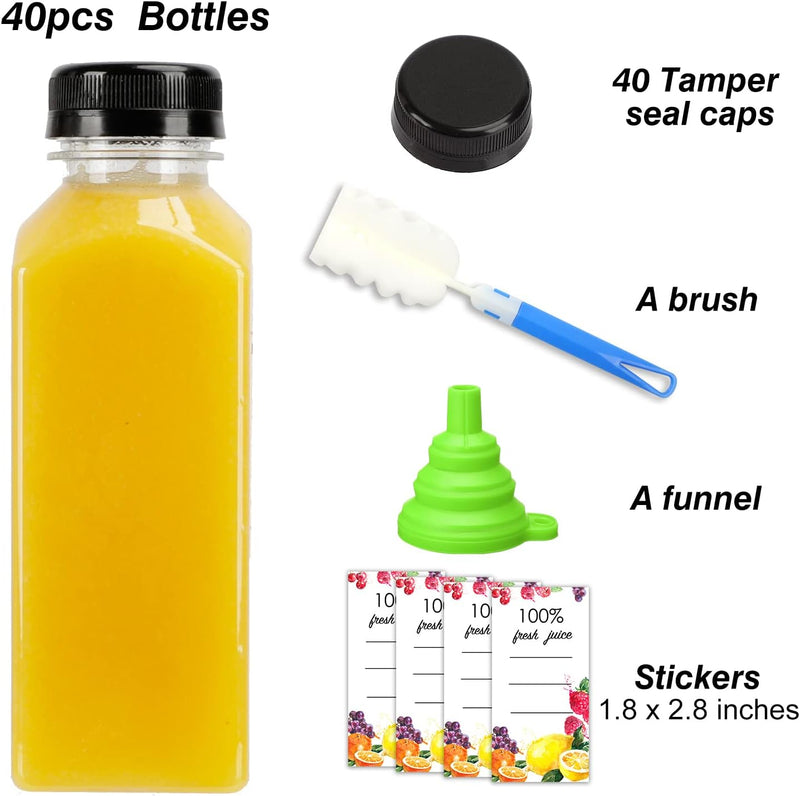 Moretoes 40pcs 12oz Plastic Juice Bottles with Caps, Bulk Clear Beverage Containers for Juicing Drinking Milkshake Tea and Other Beverages