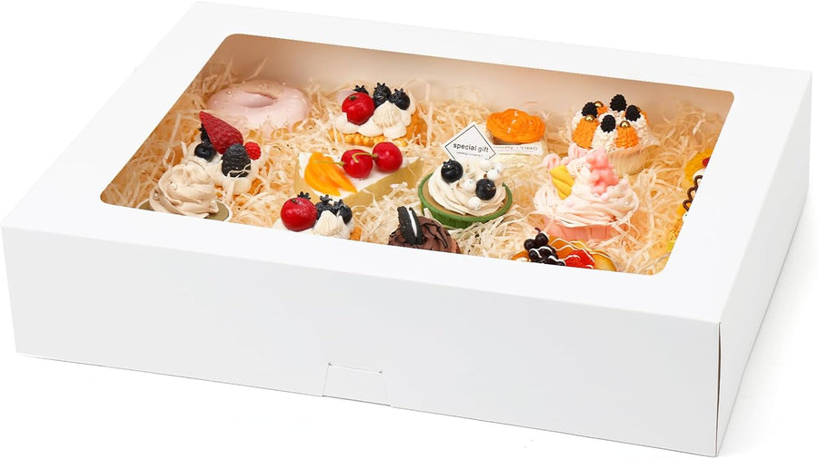 10pcs 19x14x4in Half Sheet Cake Boxes with Window, White Cookie Boxes, for Pastry Baking Cake Donuts Cupcake Pie Packaging, Auto-Popup