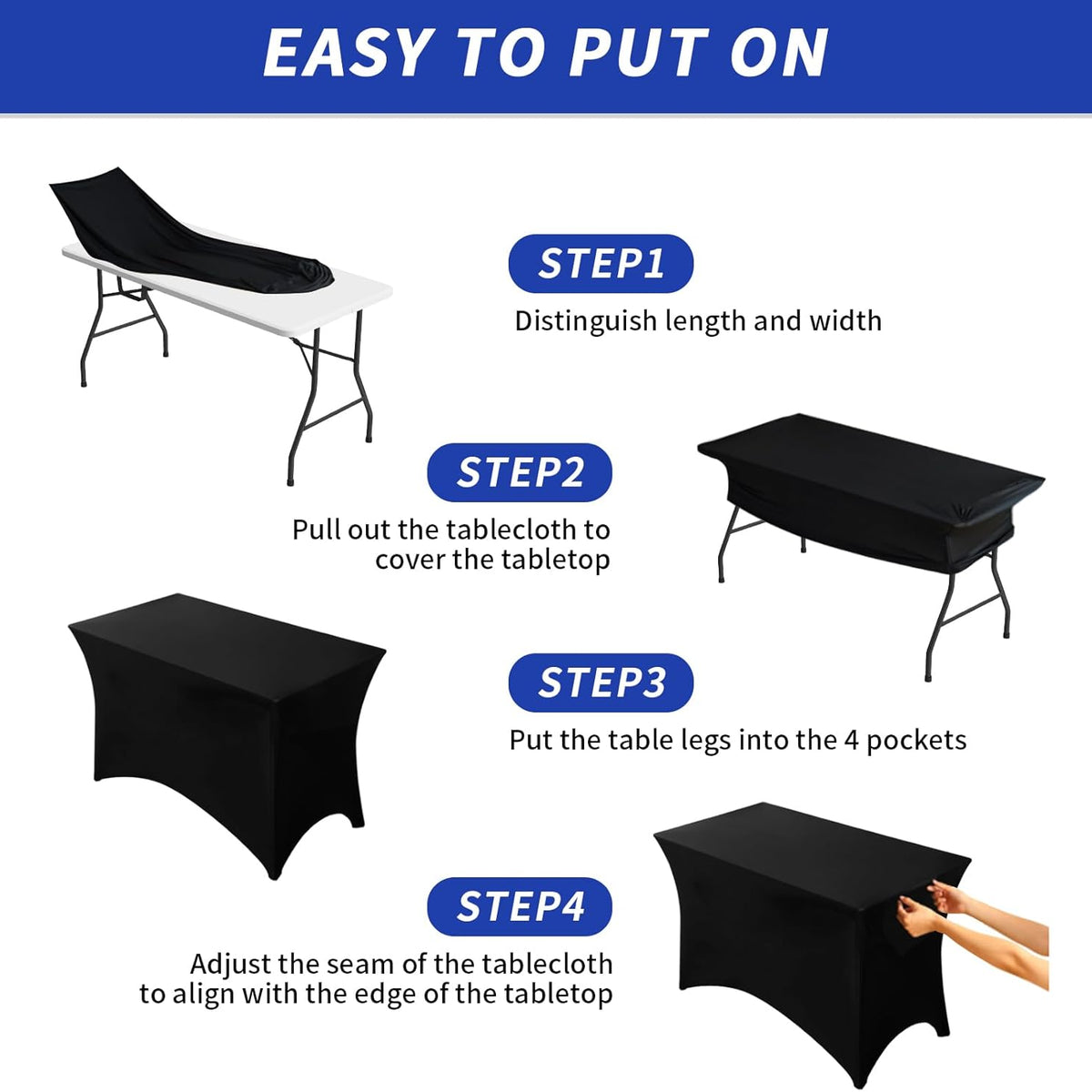 Fixwal 3 Pack Black Table Cloths Rectangle 4ft, Stretch Spandex Fitted Table Covers for Parties, Trade Shows, Banquet, Weddings, Buffet, Graduation Decorations