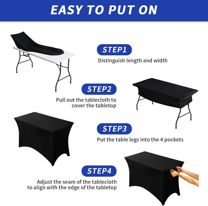 Fixwal 3 Pack Black Table Cloths Rectangle 4ft, Stretch Spandex Fitted Table Covers for Parties, Trade Shows, Banquet, Weddings, Buffet, Graduation Decorations