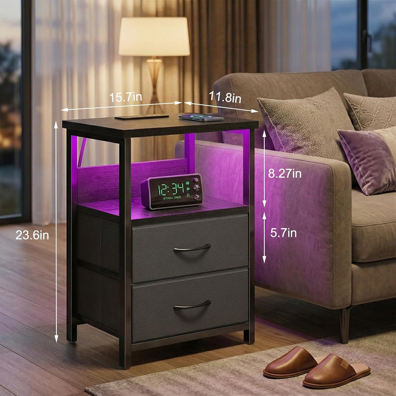 Fixwal Night Stand with Charging Station, LED Nightstand Small Dorm Room Furniture, 2 Fabric Storage Drawers, Bedside Table End Tables Bedroom Decor, Modern Black