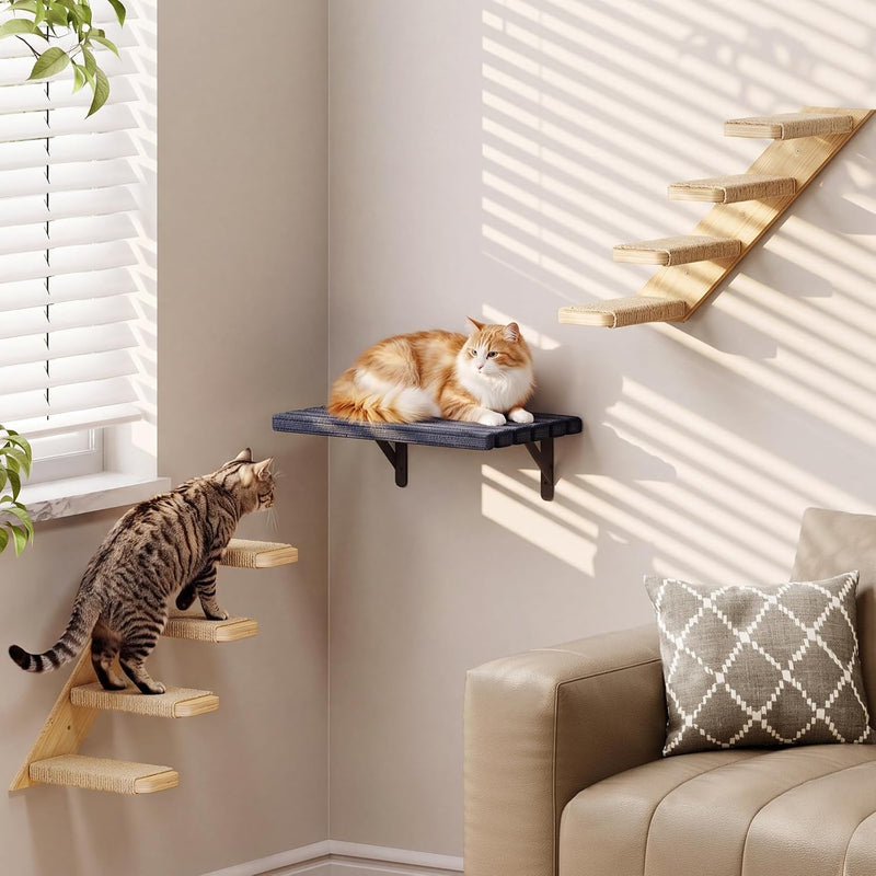Superlele Cat Wall Shelves Set, 3 Pcs Modern Wood Cat Climbing Stairs with Large Perch Platform, 4-Step Wall Mounted Furniture for Indoor Cats, Sturdy Walkway for Playing Sleeping Exercise