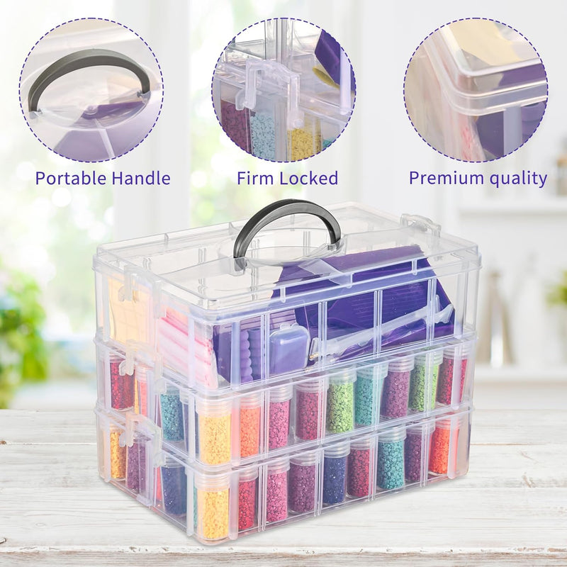 3-Tier Diamond Painting Storage Container, 100 Slots Clear Stackable Bead Organzier with Diamond Painting Accessories and Tools for DIY Diamond Art Craft Jewelry Bead Storage