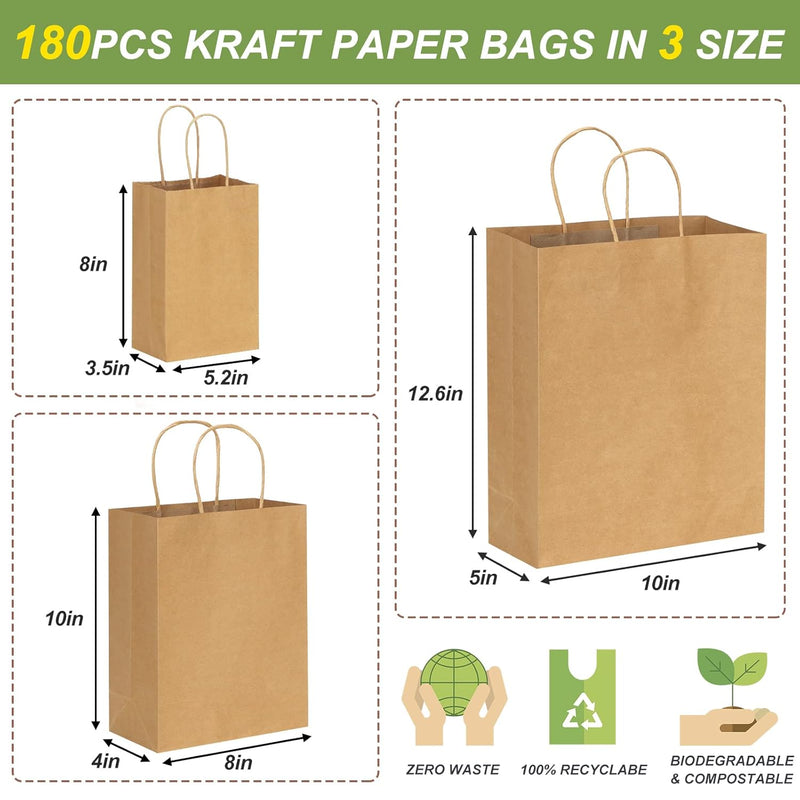 180pcs Paper Bags with Handles Brown Kraft Paper Gift Bags Assorted Sizes (8/10/12.6 Inches) Bulk for Gift, Merchandise, Retail, Shopping, Party Favor
