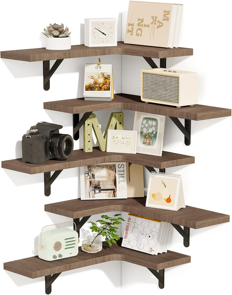 Fixwal Corner Floating Shelves Set of 5, Wall Mounted Corner Shelf, Rustic Wood Wall Shelves for Bathroom, Kitchen, Bedroom, Home Decor, Laundry Room, Living Room (Walnut)