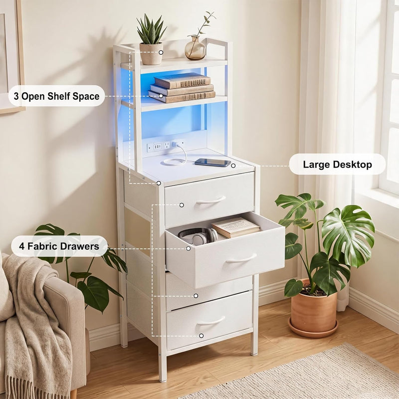 Fixwal 47 Inch Tall Nightstand with Charging Station, Led Night Stand with Socket, 4 PU Finished Fabric Storage Drawers, Office, Bedside Table & Bookshelf in One, White