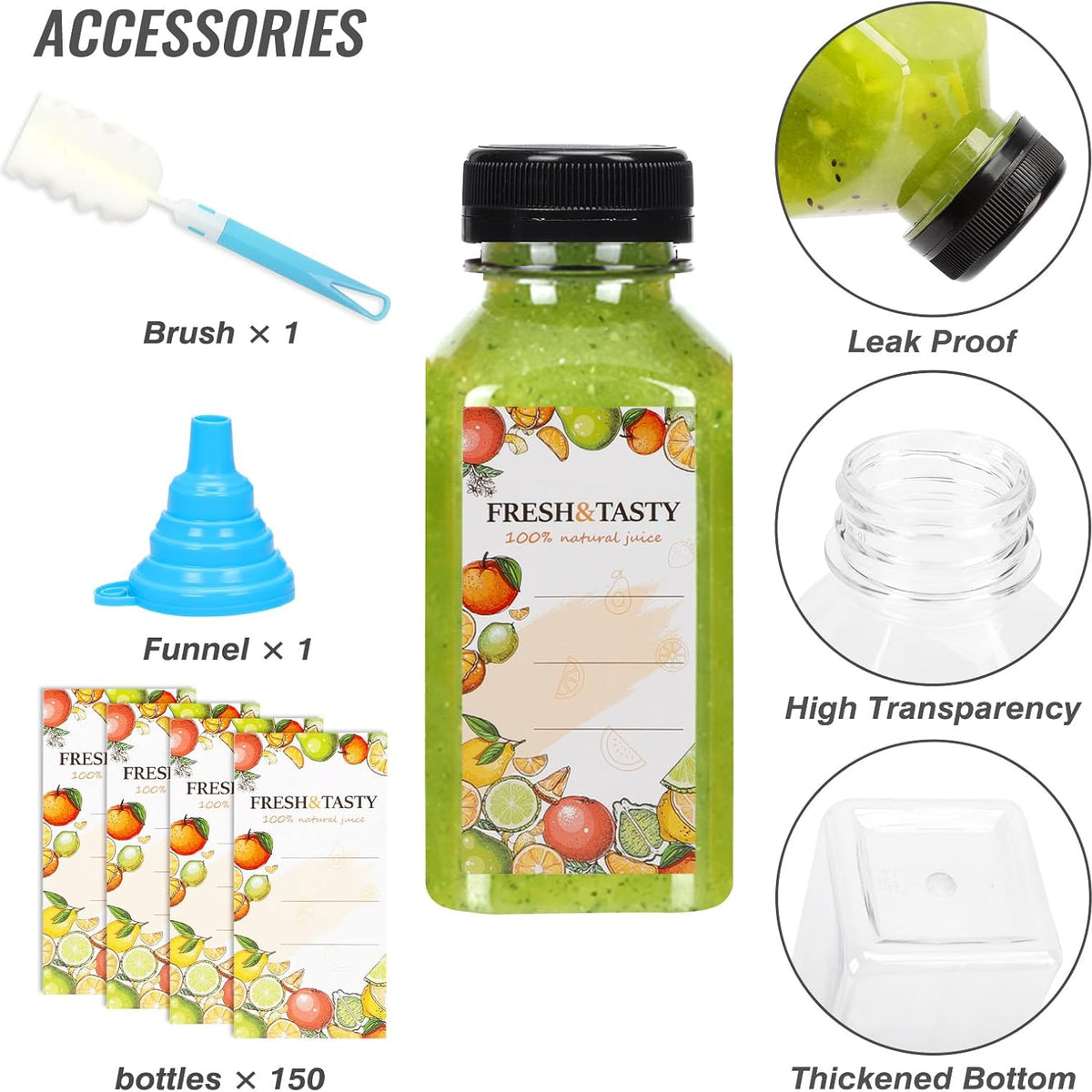 150pcs 8oz Plastic Juice Bottles with Caps Empty Reusable Clear Bottles with Label, Funnel and Brush Beverage Containers Bulk with Lids for Juicing, Smoothies, Fridge