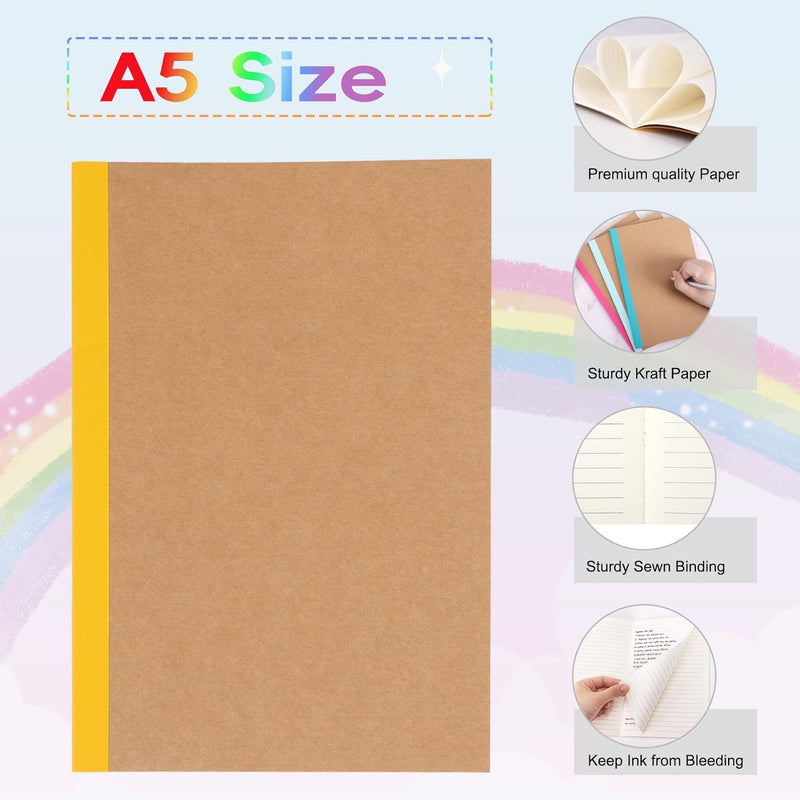 40 Pack A5 Kraft Notebooks Bulk, Lined Journals Bulk Colors with Rainbow Spine, 60 Pages for Kids Writing, Travel, Students
