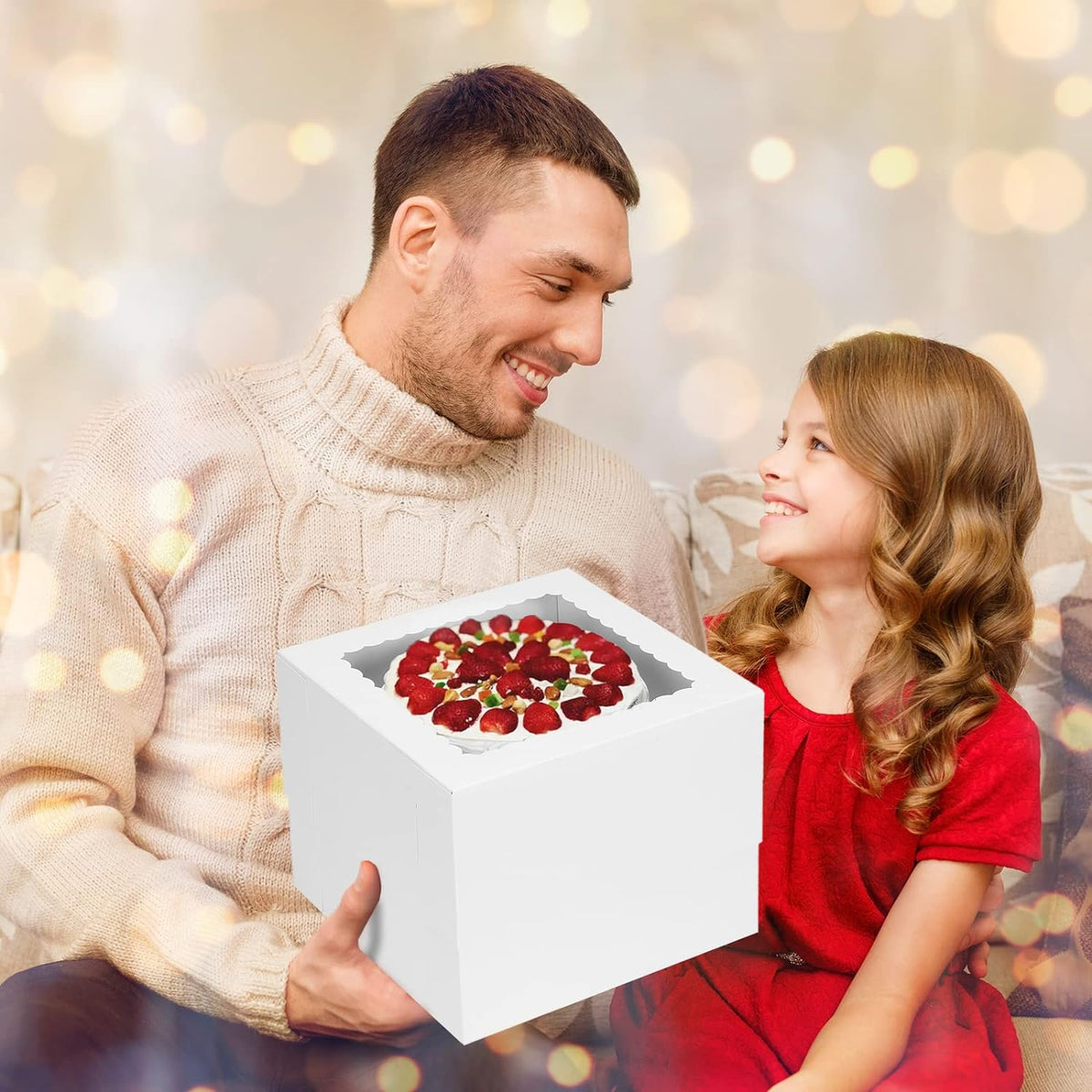 Moretoes 10 Sets Cake Boxes with Boards, 10x10x8 Inches Tall Bakery Boxes with Cake Boards with Window, Cajas Pasteles for Valentine's Day, Mother's Day, Pastries, Chocolates, Cookies, Pie
