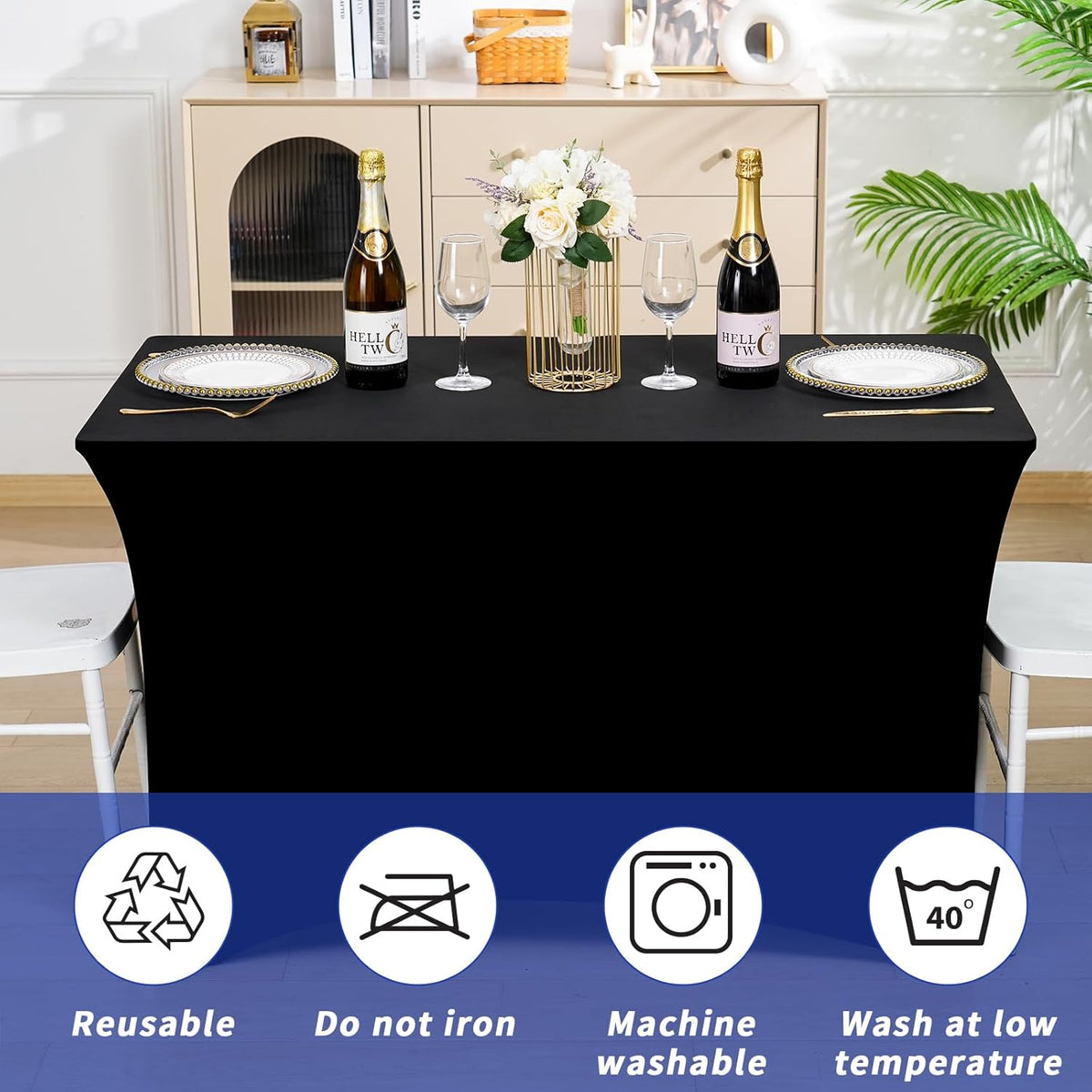 Fixwal 3 Pack Black Table Cloths Rectangle 4ft, Stretch Spandex Fitted Table Covers for Parties, Trade Shows, Banquet, Weddings, Buffet, Graduation Decorations