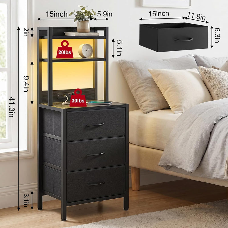 Fixwal 41 Inch Tall Nightstand with Charging Station, 3 Fabric Storage Drawers and Shelves, Led Night Stand with U-S-B Port & Socket, Bedroom Dorm Office, Bedside Table & Bookshelf in One, Black