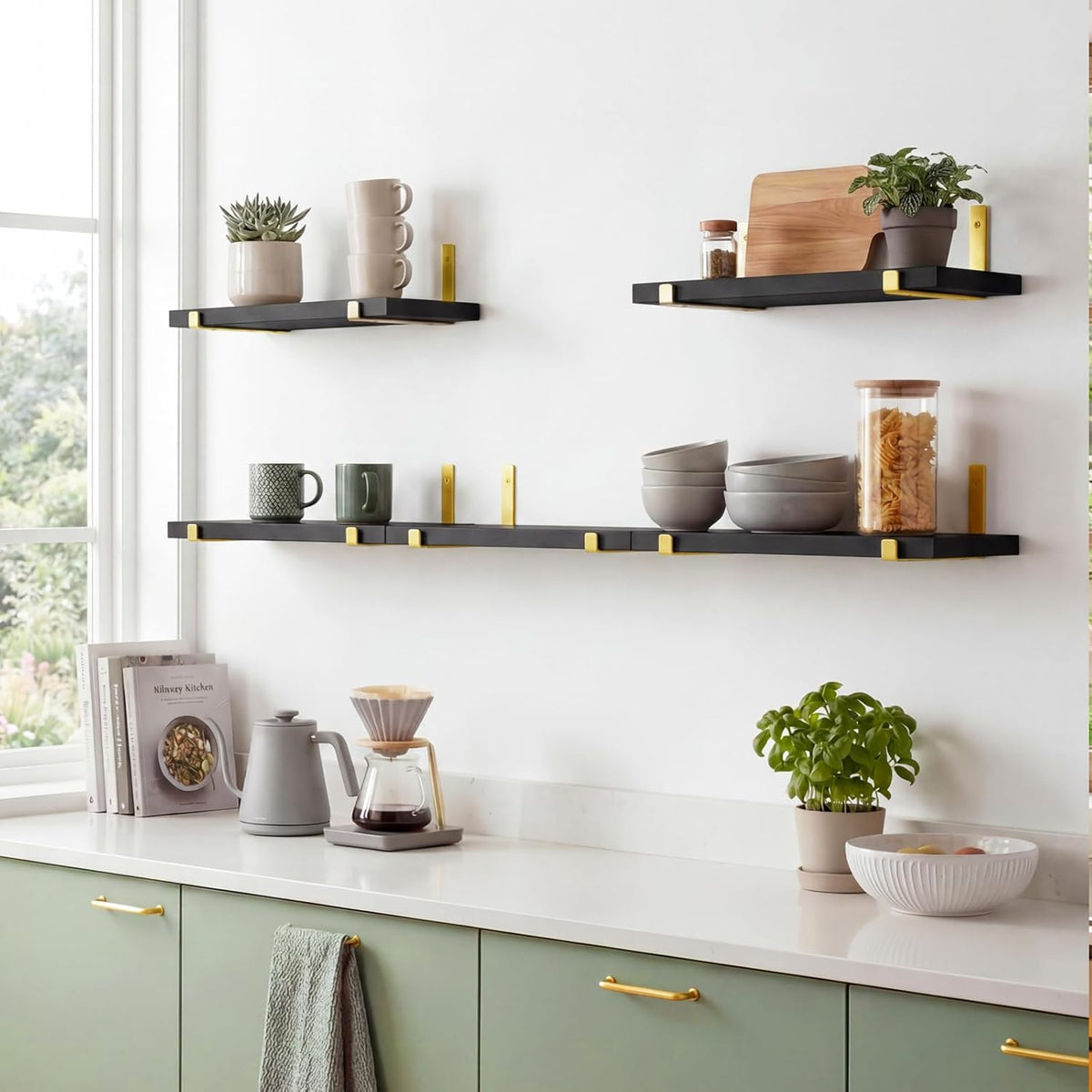 Fixwal Floating Black Gold Shelves Set of 5, Width 4.75 Inches Wall Shelves, Rustic Wood Wall Storage Shelves for Bedroom, Living Room, Kitchen, Bathroom, Home Decor, Laundry Room, Office and Plants